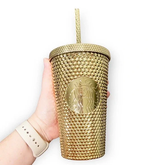 Starbucks Gold Studded Tumbler 16 oz Grande Holiday 2022 Metallic Bling Cold Cup - Picture 3 of 10